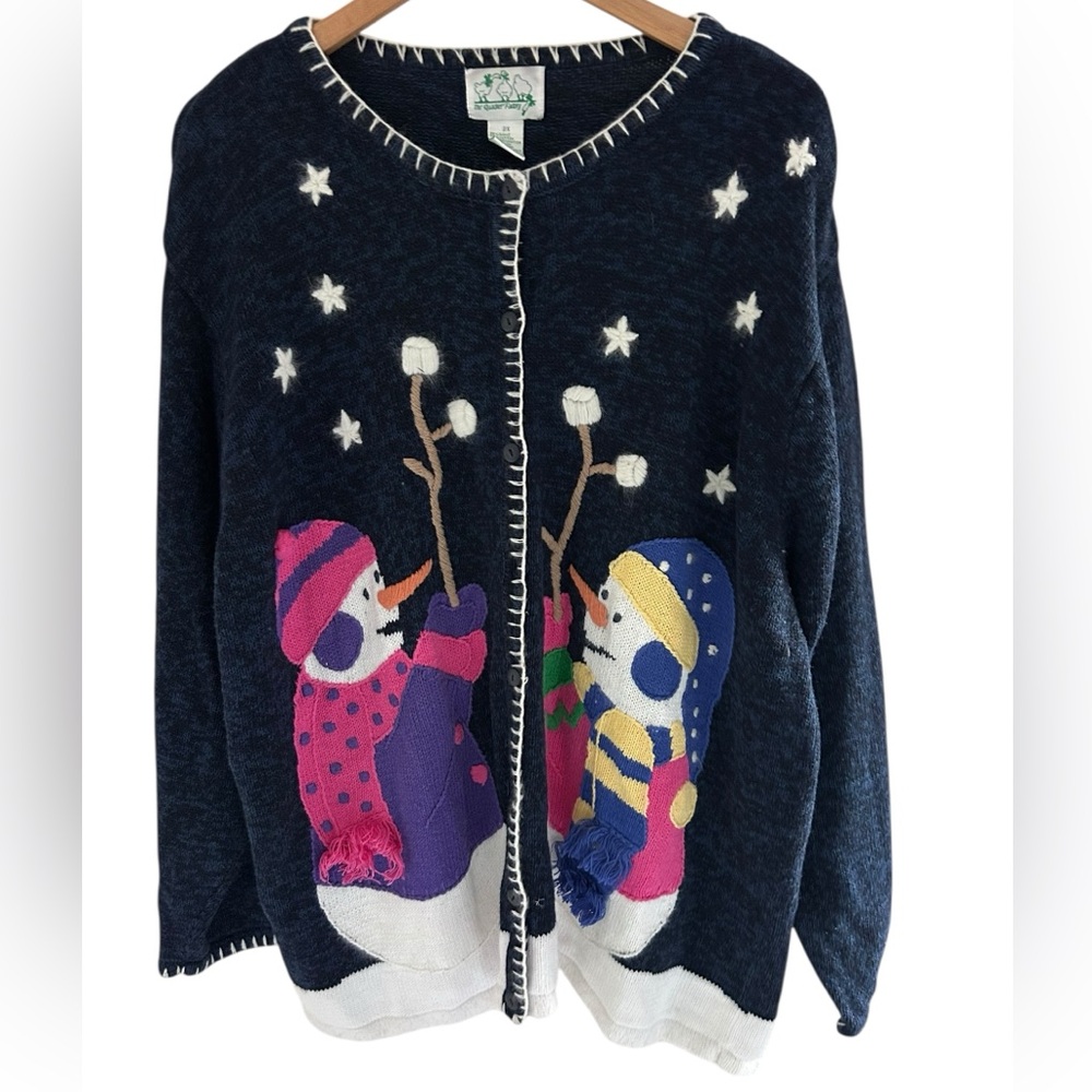 The Quacker Factory Snowman Marshmallow Cardigan Angora Wool Accents Blend Sz 2X
